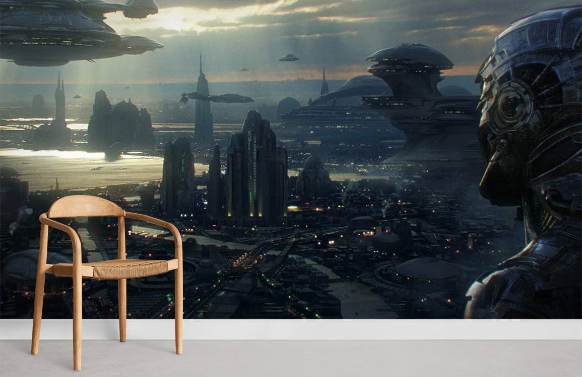 Futuristic cityscape mural wallpaper in sci-fi moody hues, featuring wooden chair on bright flooring.