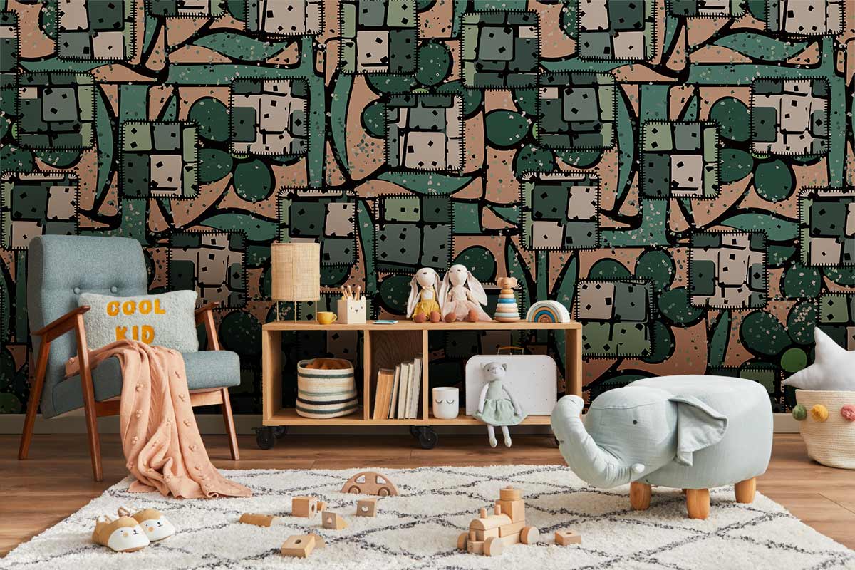 Geometric abstract green and beige patterned wallpaper in child's room with modern chair and rug.