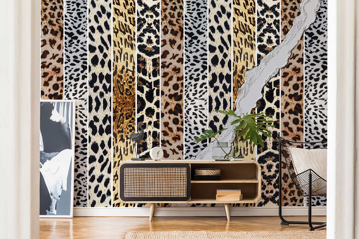 Exotic Leopard Stripe Pattern Wallpaper in a stylish living room with wooden flooring and modern decor.