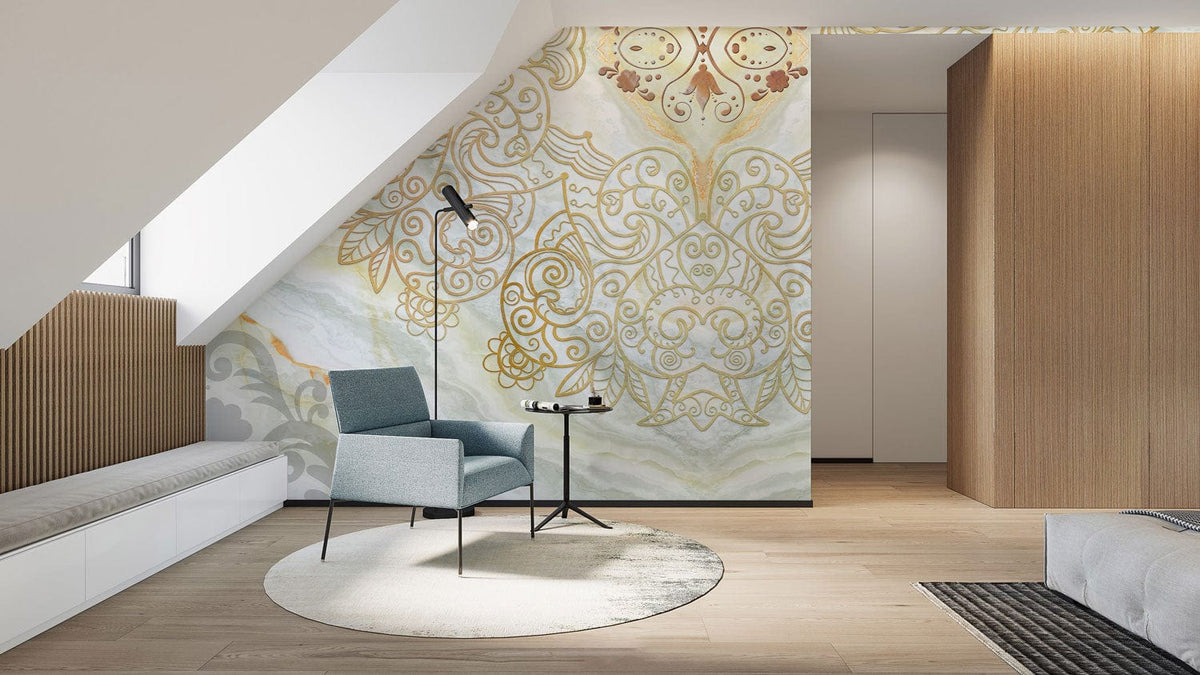 Elegant gold mandala wallpaper in a modern living room with blue chair, wooden accents, round rug.