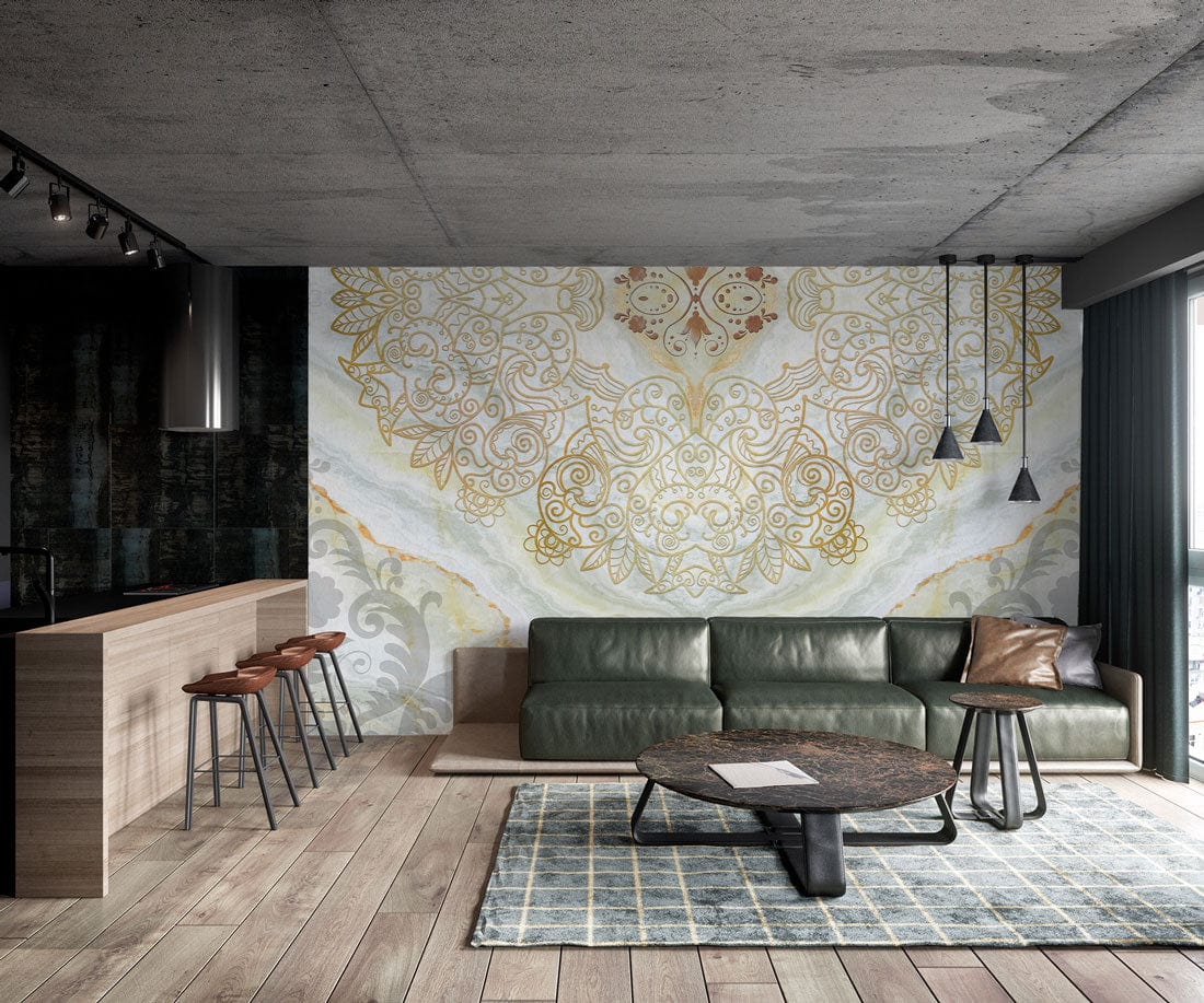 Luxurious marble wallpaper with gold mandala pattern, green sofa, wooden flooring, modern apartment decor.