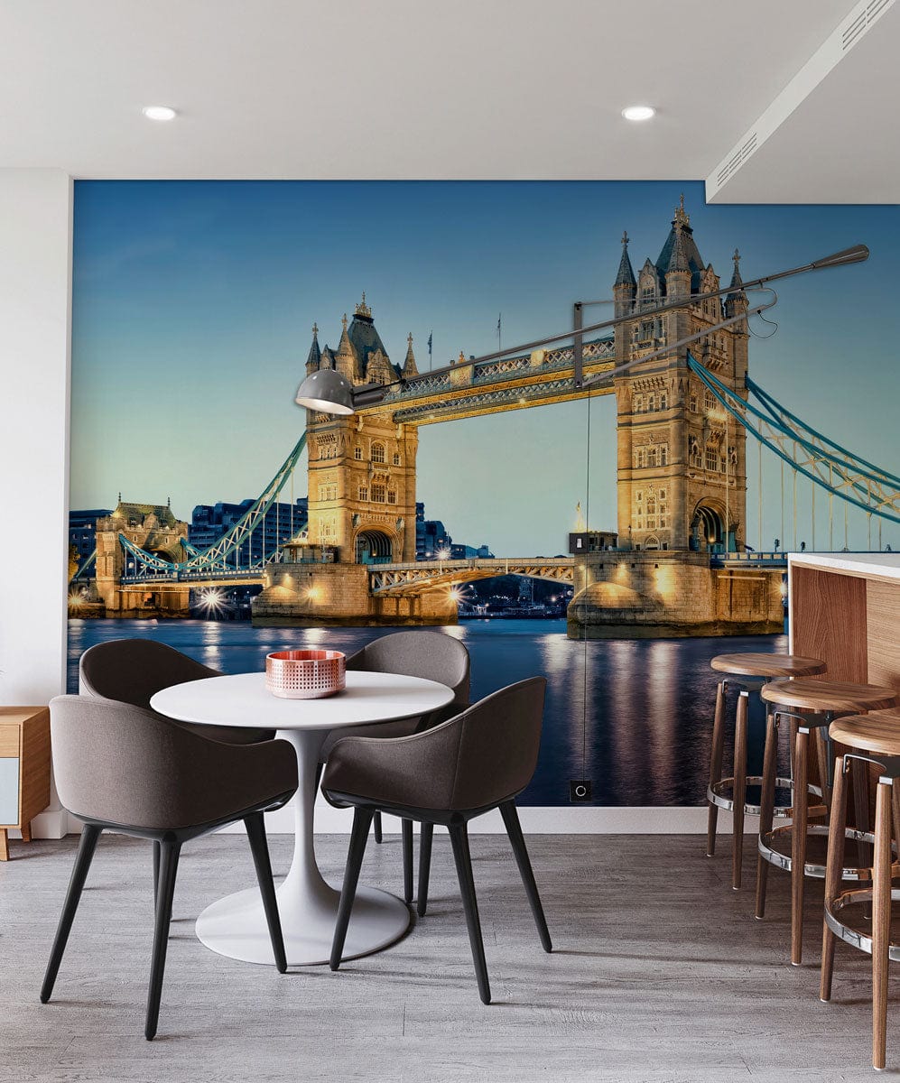 London Tower Bridge Nightscape Mural in elegant blue, modern dining area with round table and chairs.