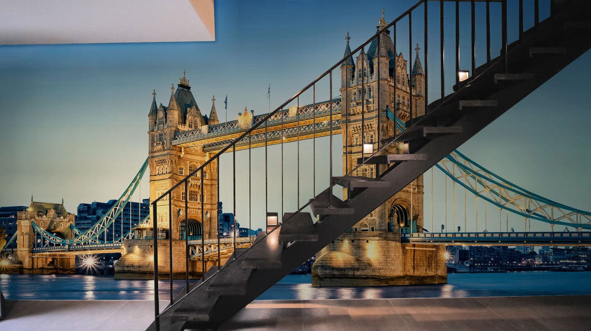 London Tower Bridge Nightscape Mural Wallpaper, elegant blue, stairway view, wooden flooring, modern style.