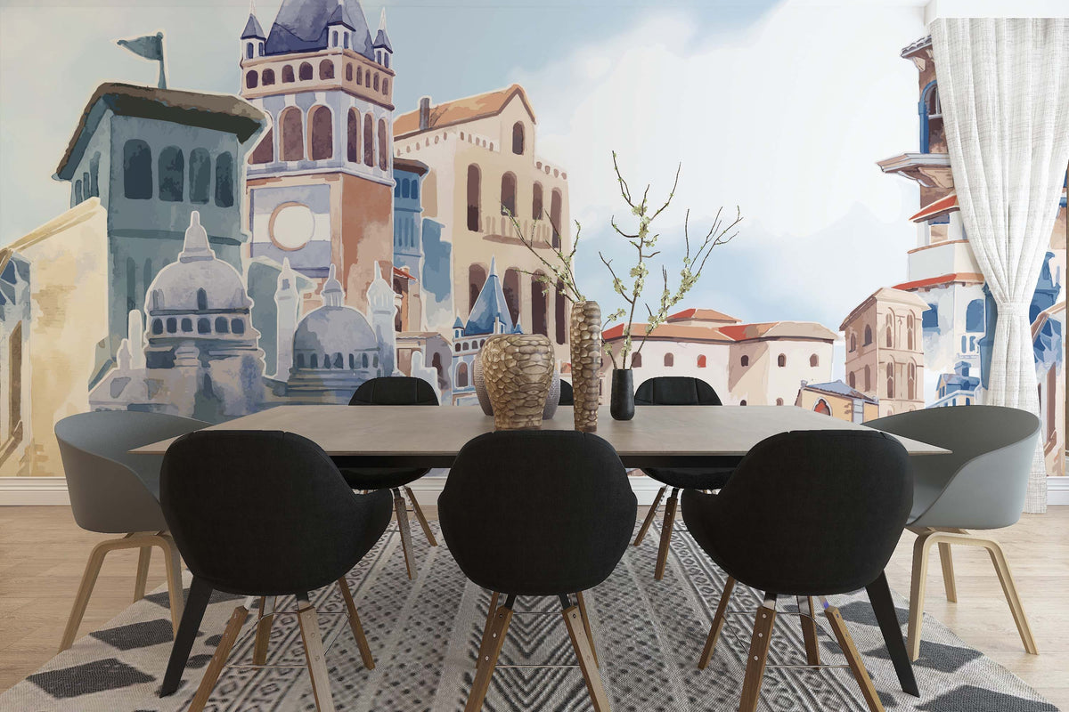 Watercolour Venetian mural wallpaper, architectural blue elegance, with modern dining chairs, wooden flooring.