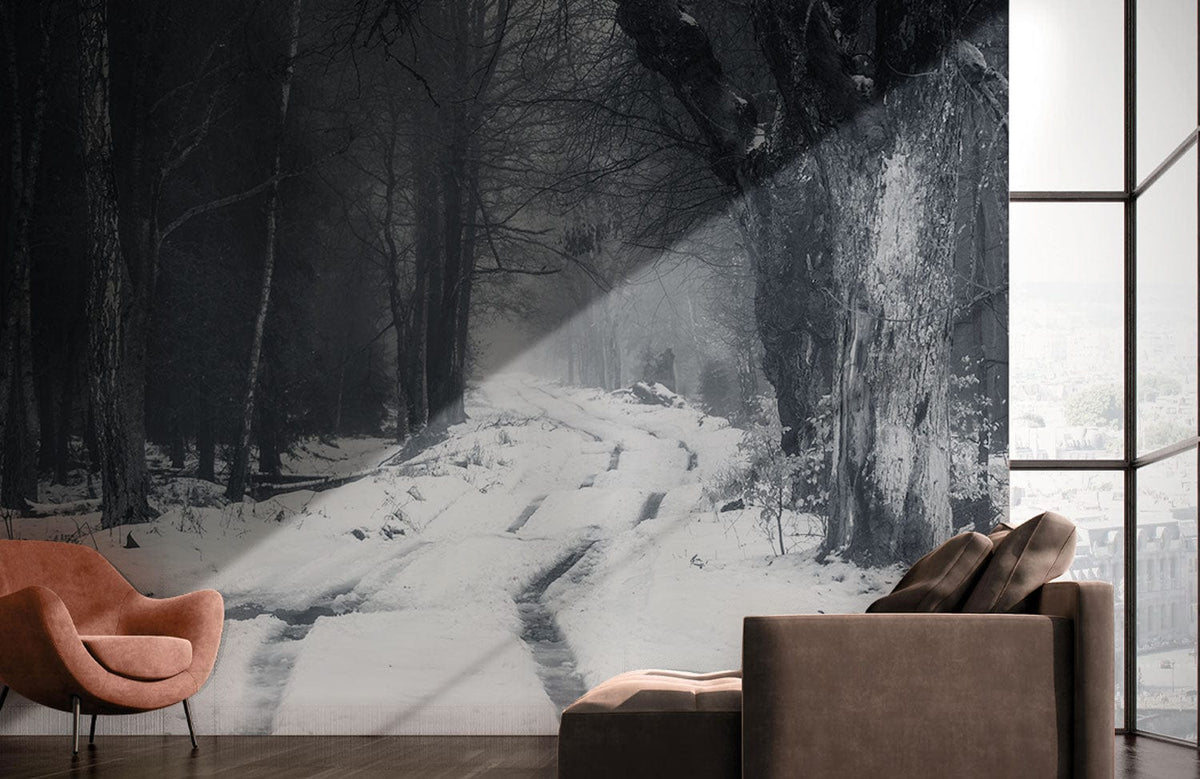 Enchanting Winter Forest Path Mural Wallpaper featuring monochrome trees, modern sofa, elegant lounge chair.