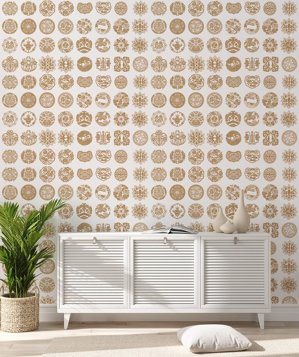 Vintage beige geometric wallpaper in elegant room with white sideboard and light wood flooring.