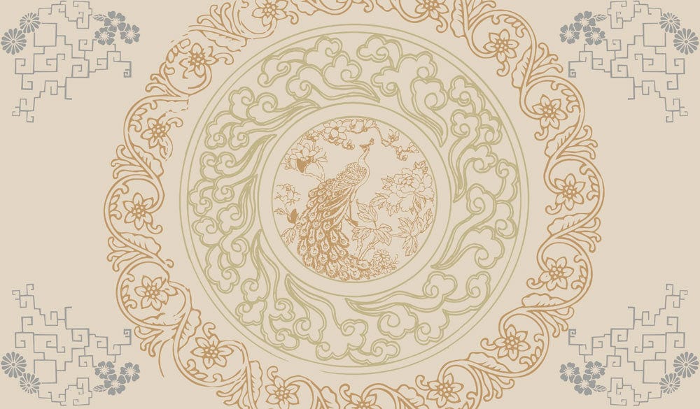 Elegant Vintage Peacock Mural Wallpaper with Intricate Gold and Green Patterns