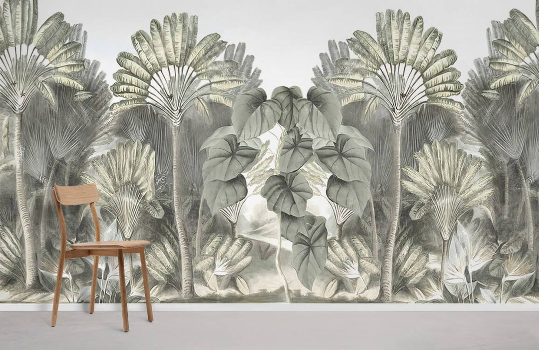 Vintage tropical botanical mural wallpaper, soft green and grey, wooden chair, minimalist interior design.
