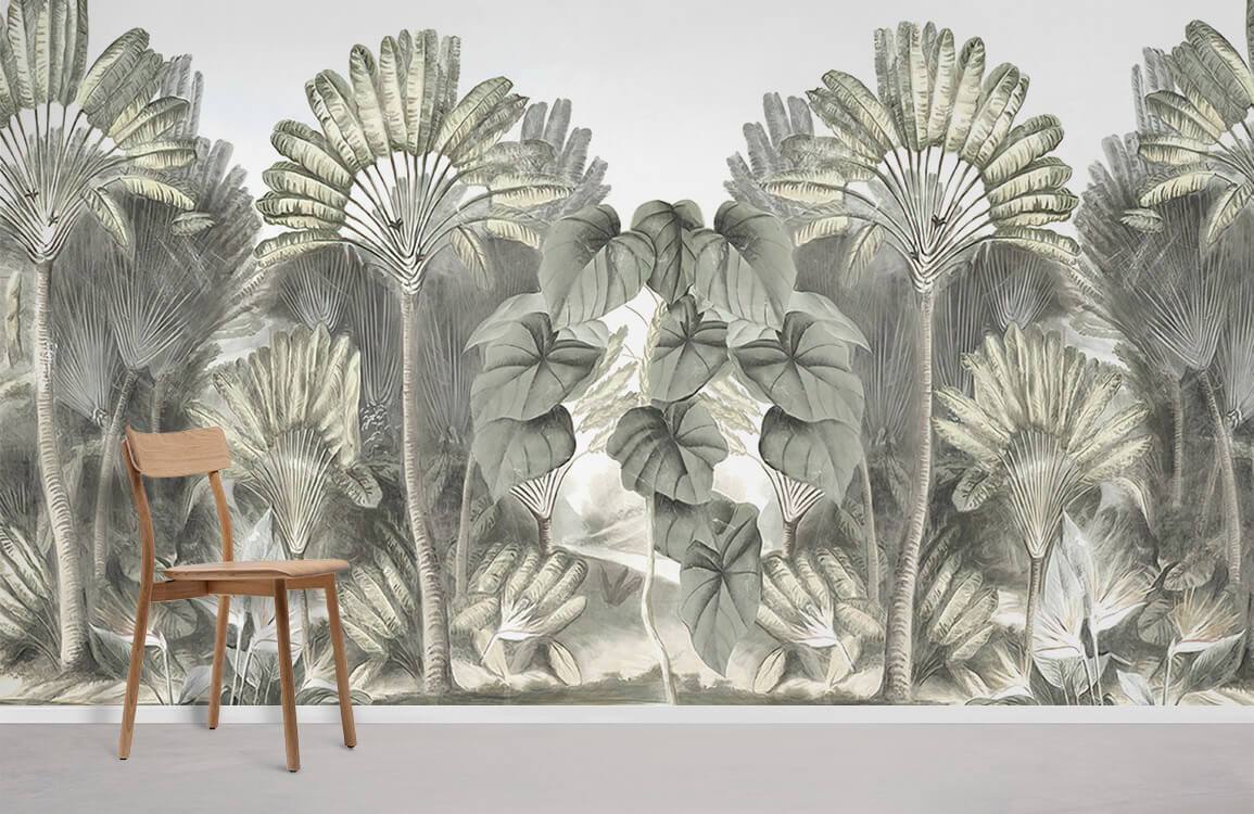 Vintage tropical botanical mural wallpaper, soft green and grey, wooden chair, minimalist interior design.