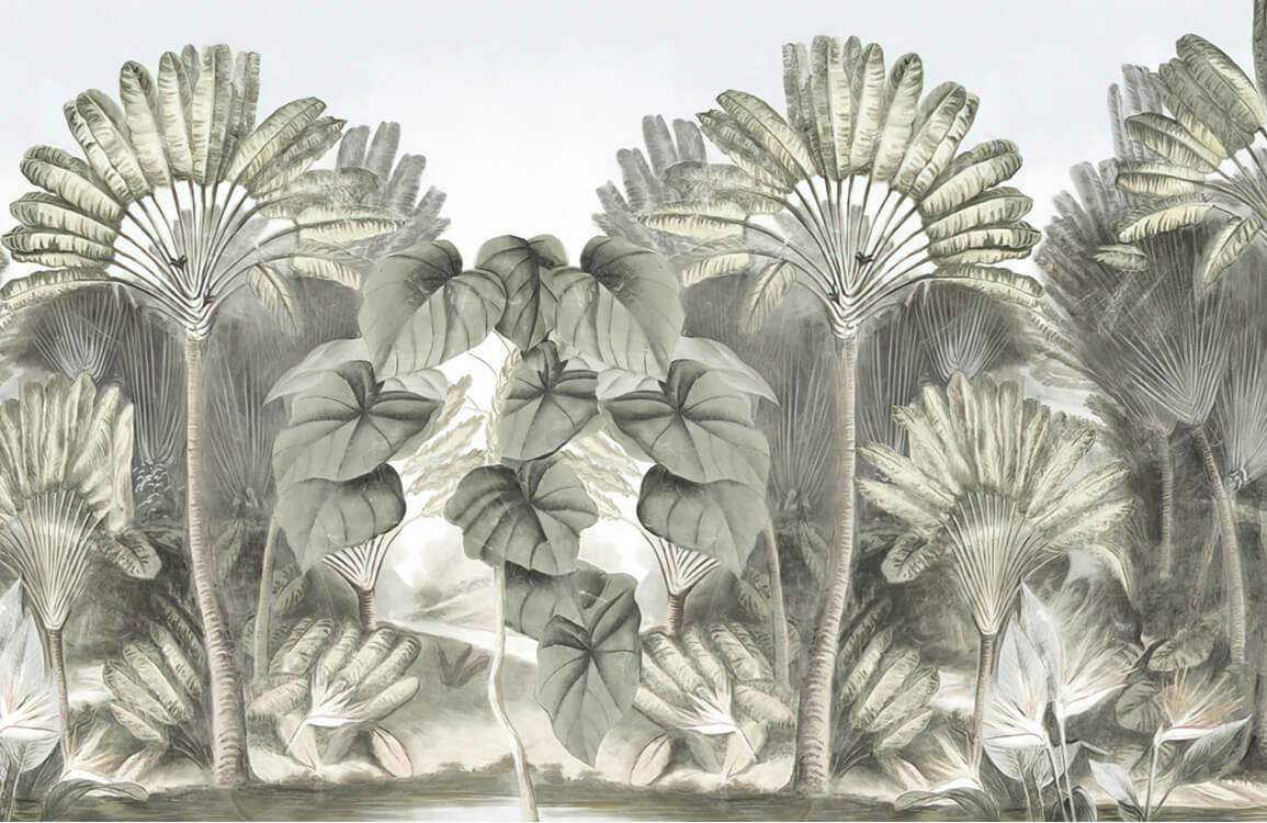 Vintage Tropical Botanical Mural Wallpaper in Soft Green and Grey Tones