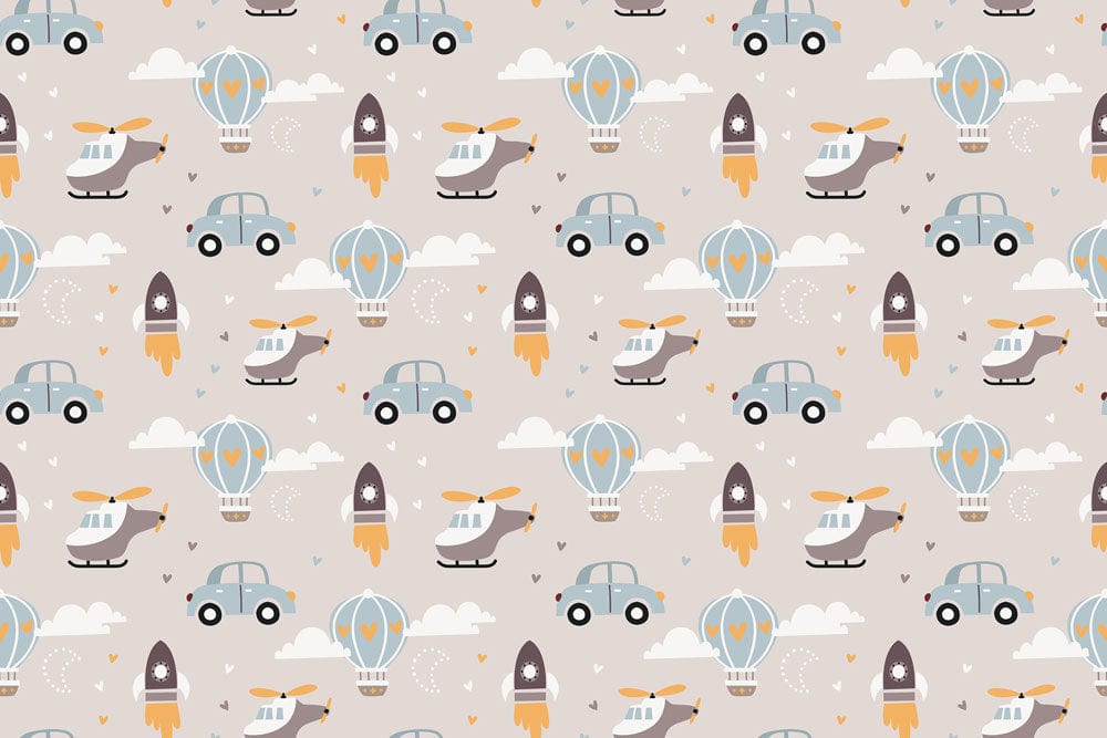 Whimsical Adventure Transport Motif Wallpaper in Soft Neutral Tones for Children