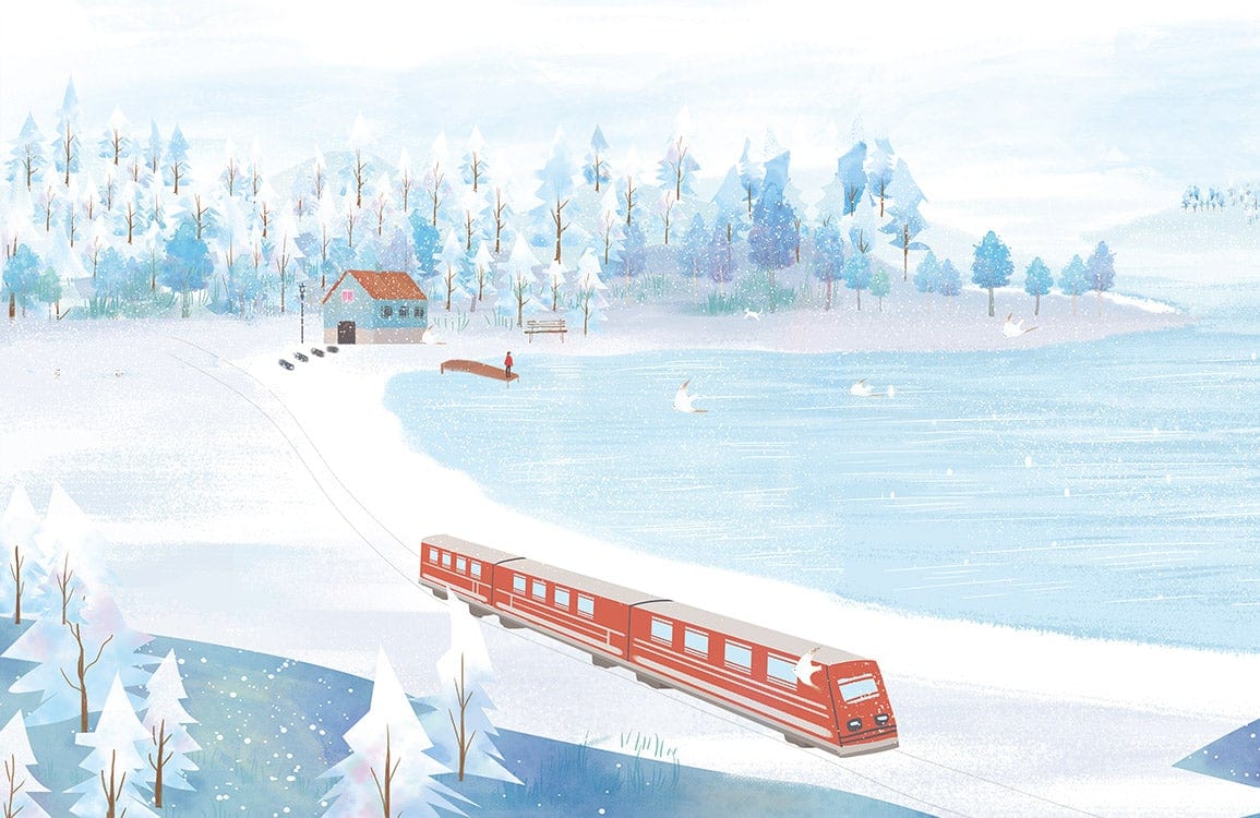 Scenic Winter Wonderland Landscape Mural Wallpaper in Serene Blue and White