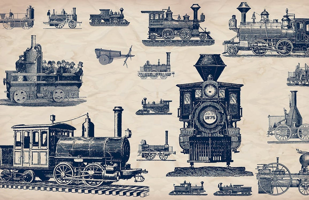 Vintage Steam Train Wallpaper Mural - Classic Railway Pattern in Sepia Tones