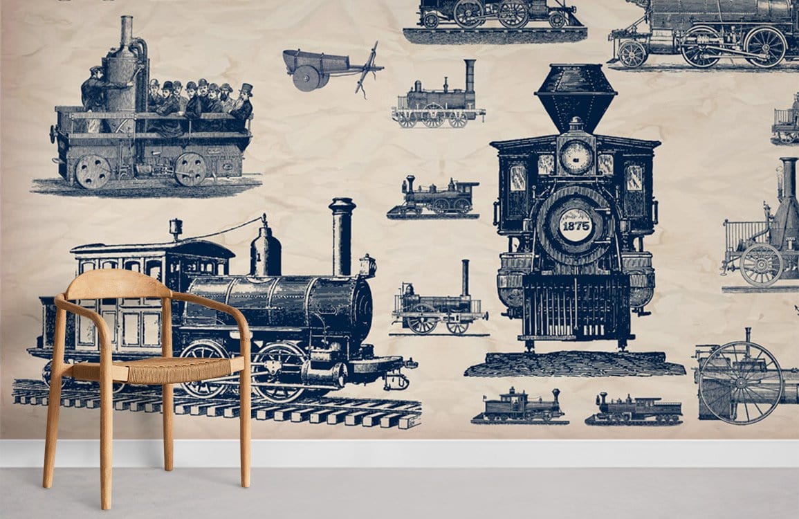 Vintage steam train wallpaper mural, sepia tones, wooden chair, minimalist decor, light grey flooring.