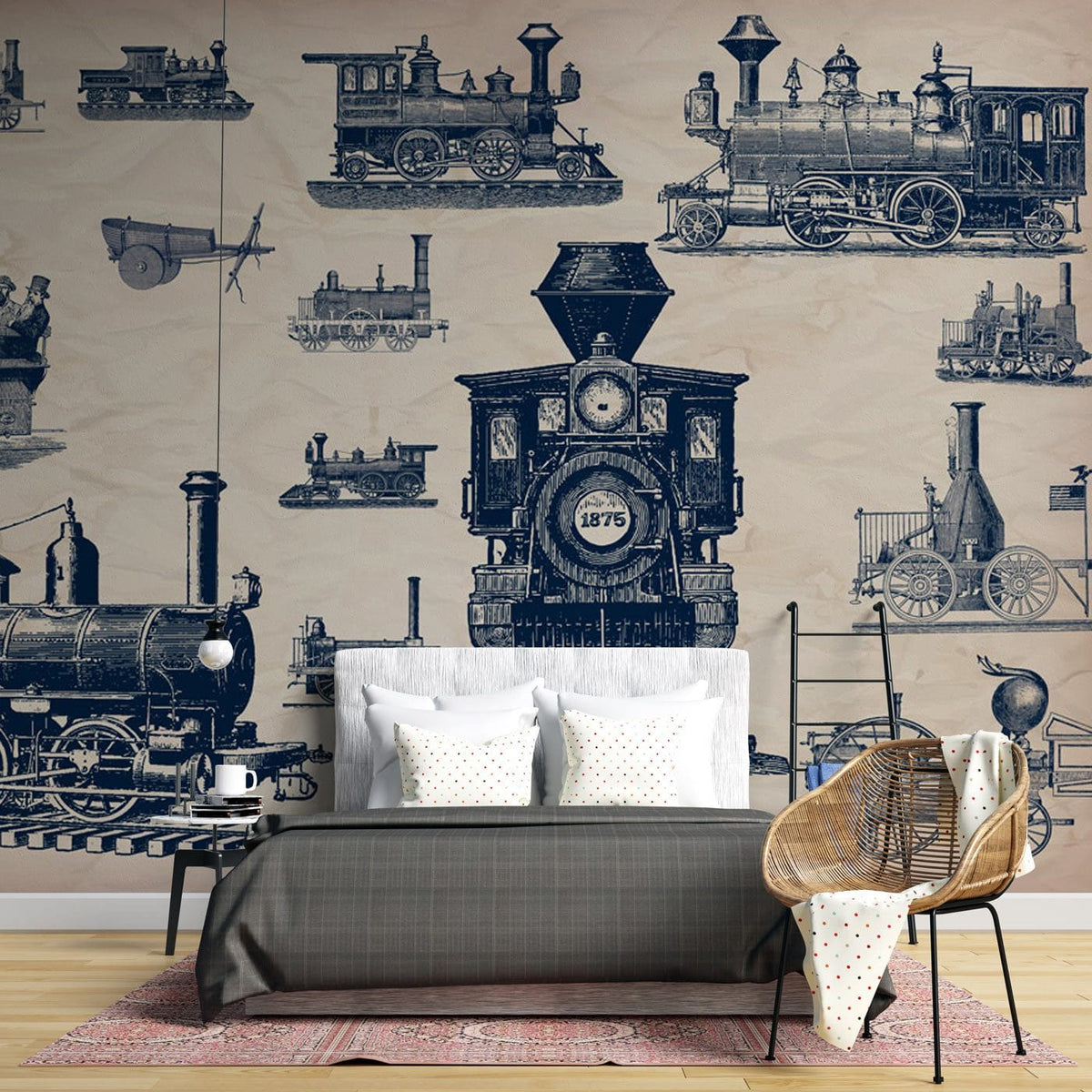 Vintage Steam Train Wallpaper Mural in sepia tones, bedroom setting, grey bed, wicker chair, rug.