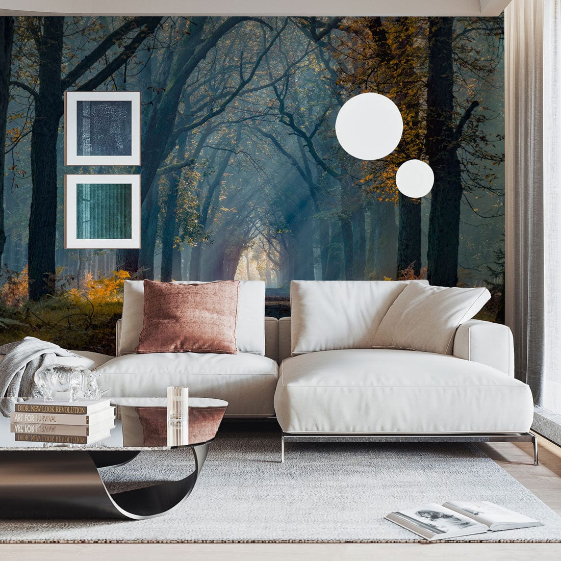Mystical Woodland Path mural in autumnal hues. Contemporary white sofa, modern coffee table, stylish living room.