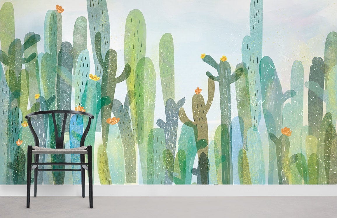 Vibrant watercolour cactus mural wallpaper with a modern black chair on light grey flooring.