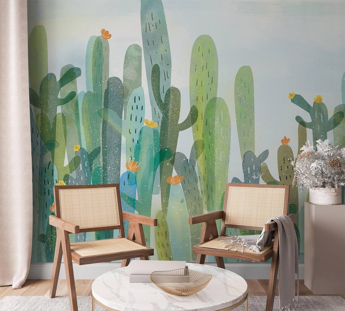 Vibrant watercolour cactus mural wallpaper in contemporary living room with wooden chairs and marble table.