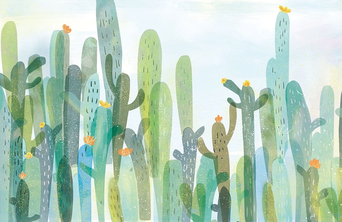 Vibrant Watercolour Cactus Mural Wallpaper for Contemporary Green Interiors