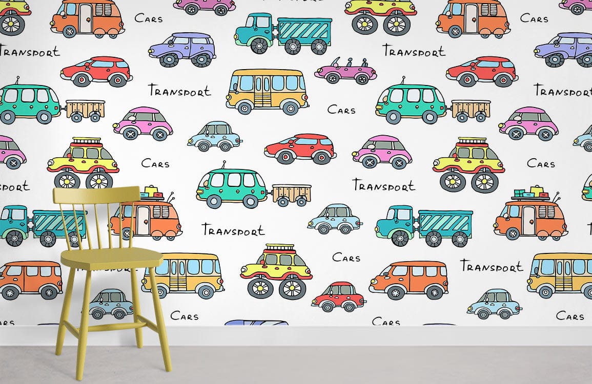 Colourful vintage cars wallpaper, transport theme; children's room, lime chair, light grey flooring.