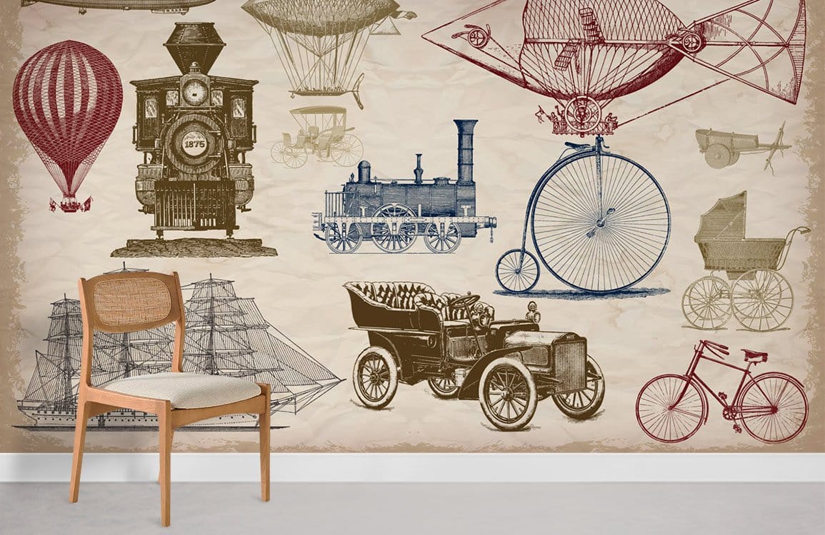 Vintage Steampunk Transport Mural Wallpaper featuring retro vehicles; chair with light wood frame, grey floor.