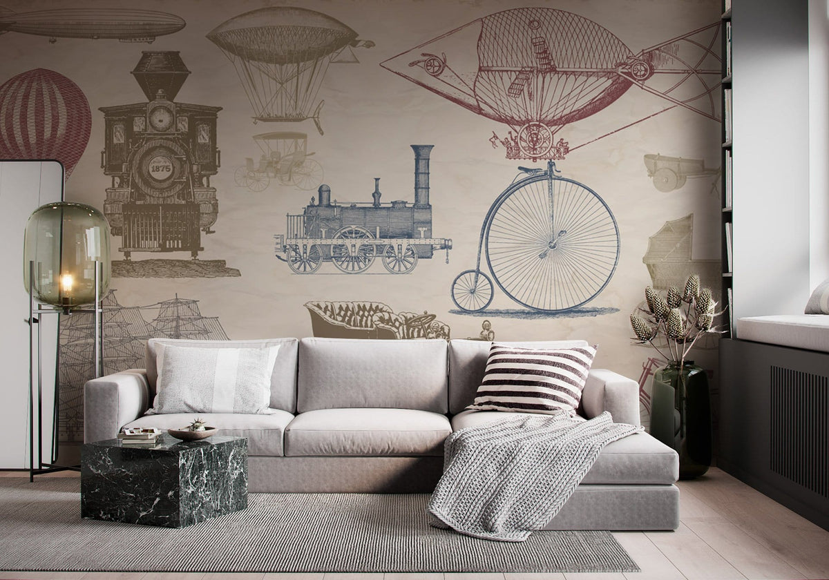 Vintage Steampunk Transport Mural Wallpaper in living room with grey sofa, marble table, and wooden flooring.