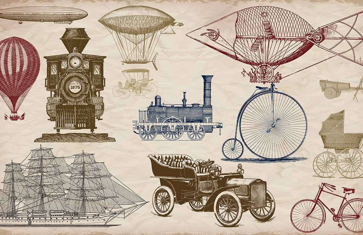 Vintage Steampunk Transport Mural Wallpaper: Retro Vehicles in Sepia Tones
