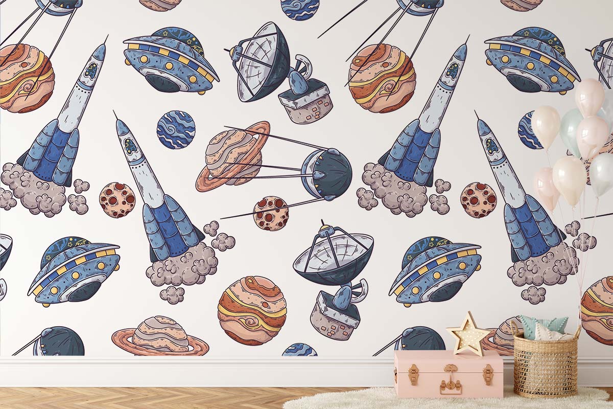 Playful Space Adventure Mural Wallpaper with rockets, planets, wood flooring, white rug, star decor.