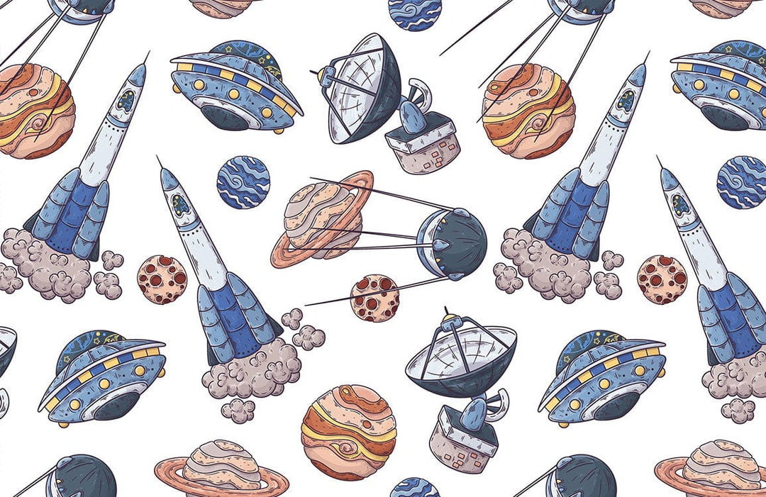 Playful Space Adventure Mural Wallpaper with Colourful Rockets and Planets