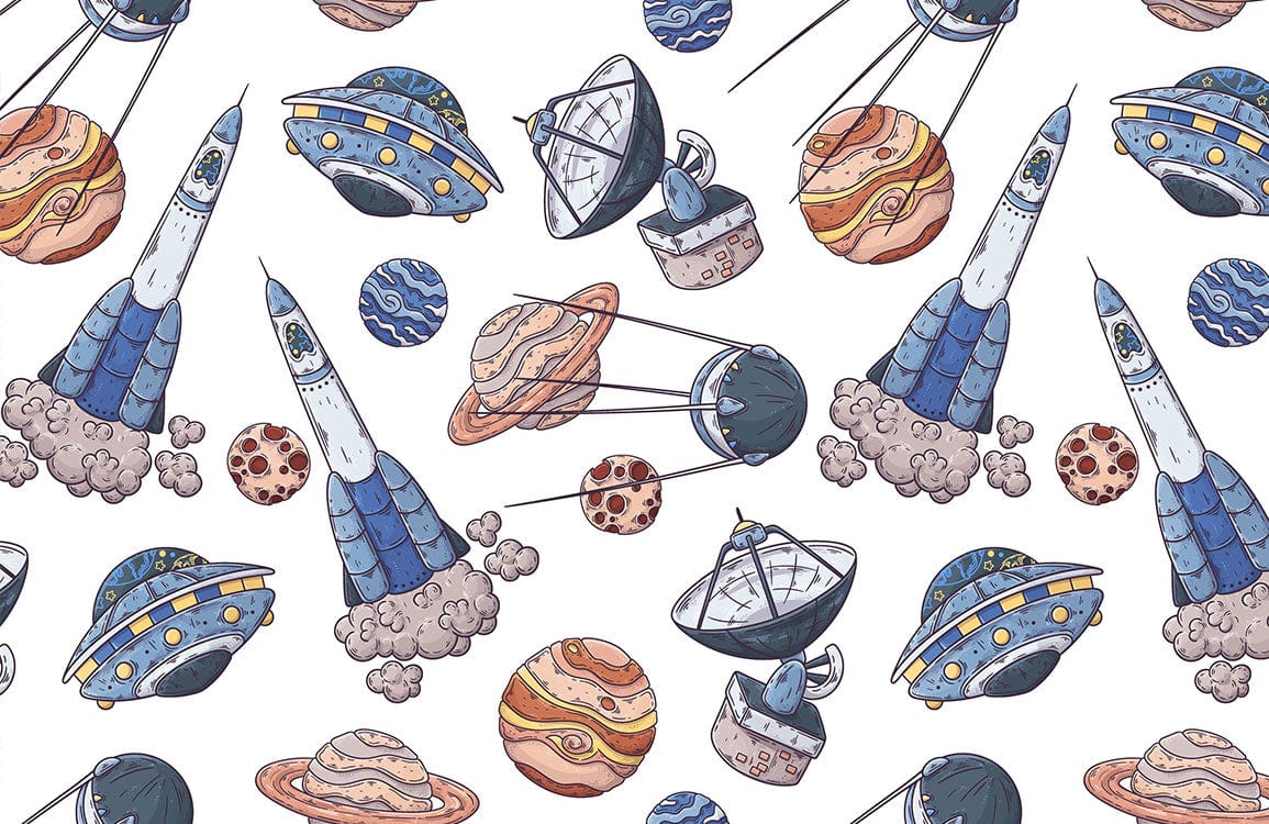 Playful Space Adventure Mural Wallpaper with Colourful Rockets and Planets