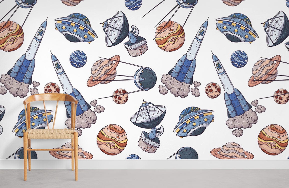 Playful wallpaper with colourful rockets, planets, wooden chair, grey flooring, white wall background.