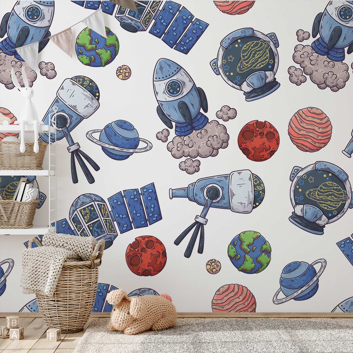 Space Adventure kids wallpaper with rockets, astronaut helmets; wooden basket, plush rug in child's room.