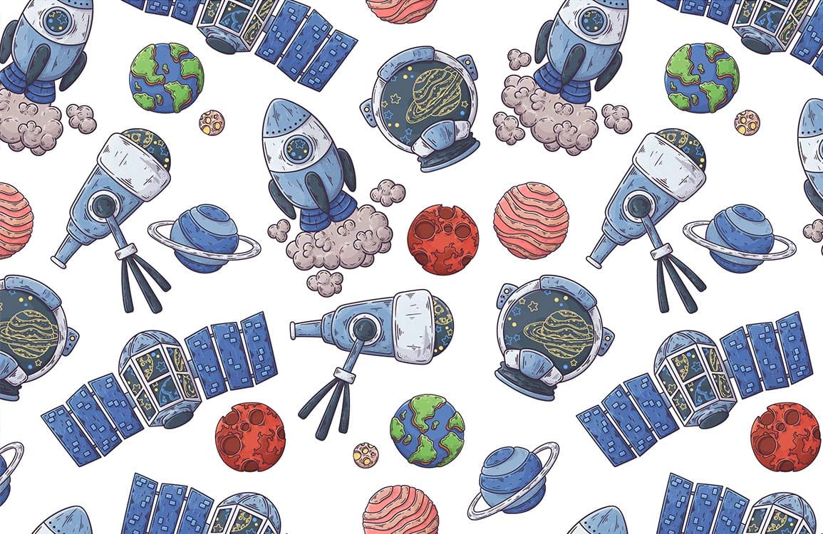 Space Adventure Patterned Kids Wallpaper - Rockets, Planets and Astronaut Helmets