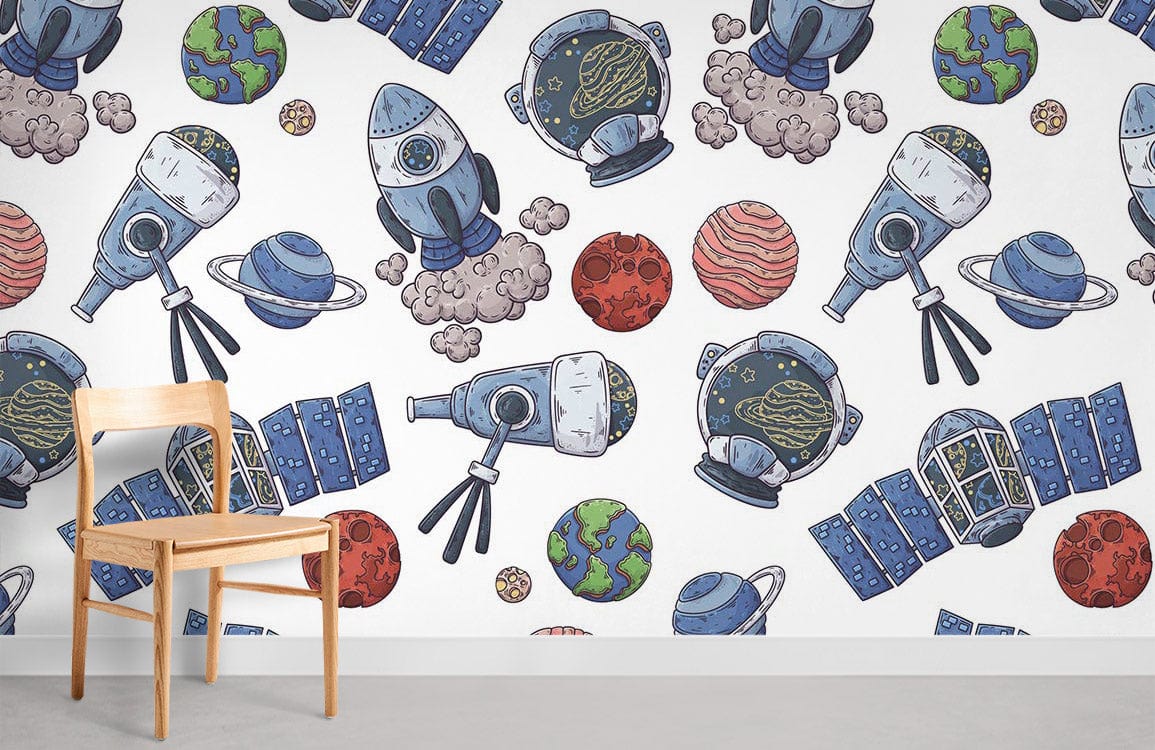 Space-themed kids wallpaper with rockets, planets, astronaut helmets; wooden chair on concrete flooring.