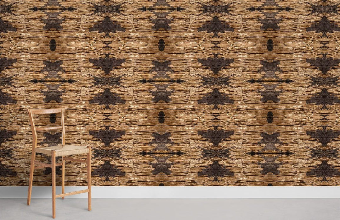 Rustic brown tribal pattern wallpaper accent, wooden chair, grey floor in modern interior setting.