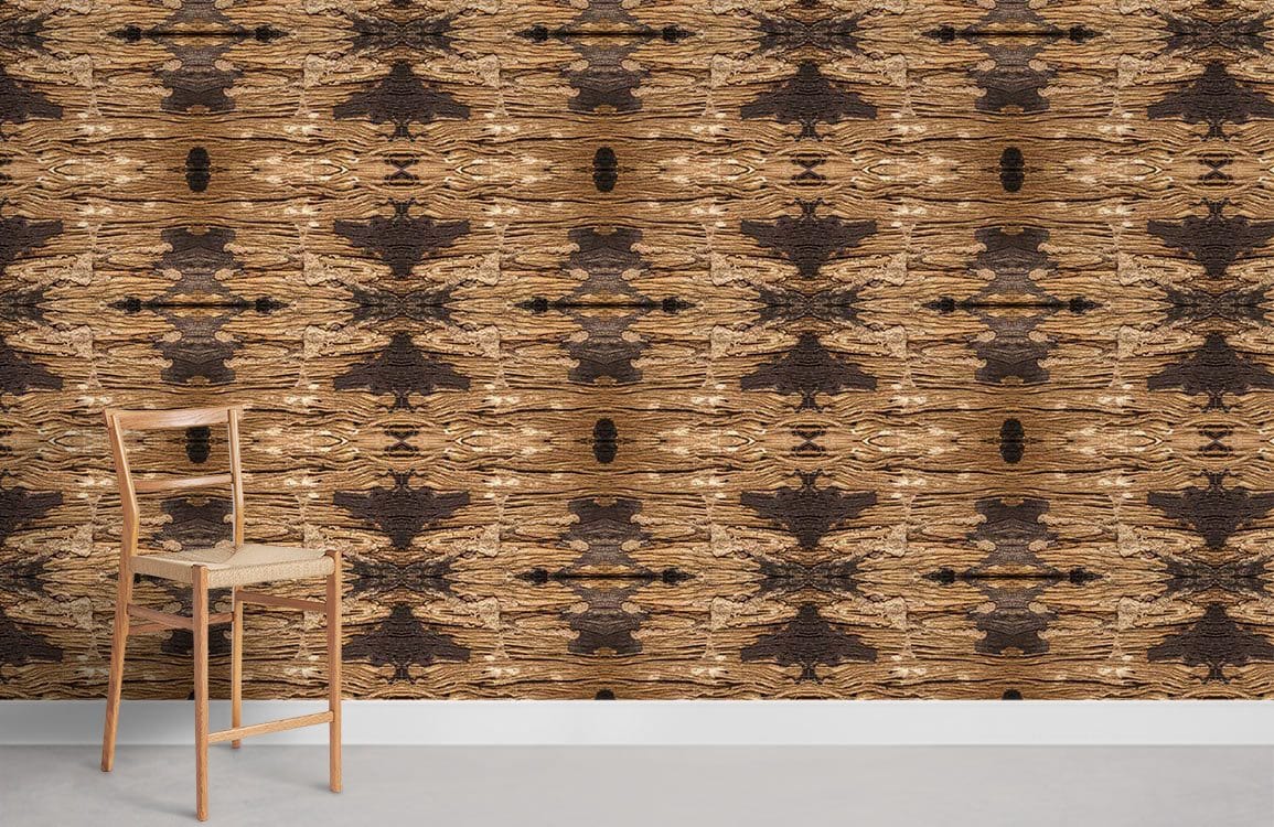Rustic brown tribal pattern wallpaper accent, wooden chair, grey floor in modern interior setting.