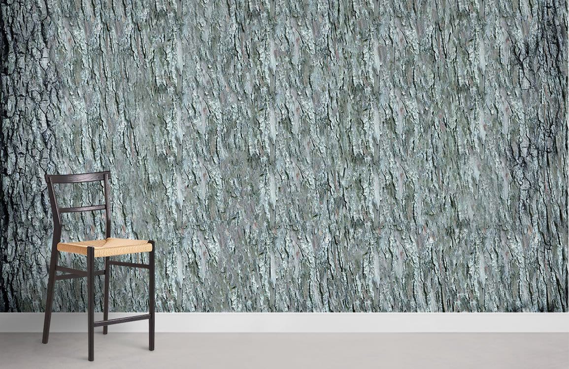 Elegant Grey Tree Bark Texture Wallpaper in natural style with wooden chair and neutral flooring.