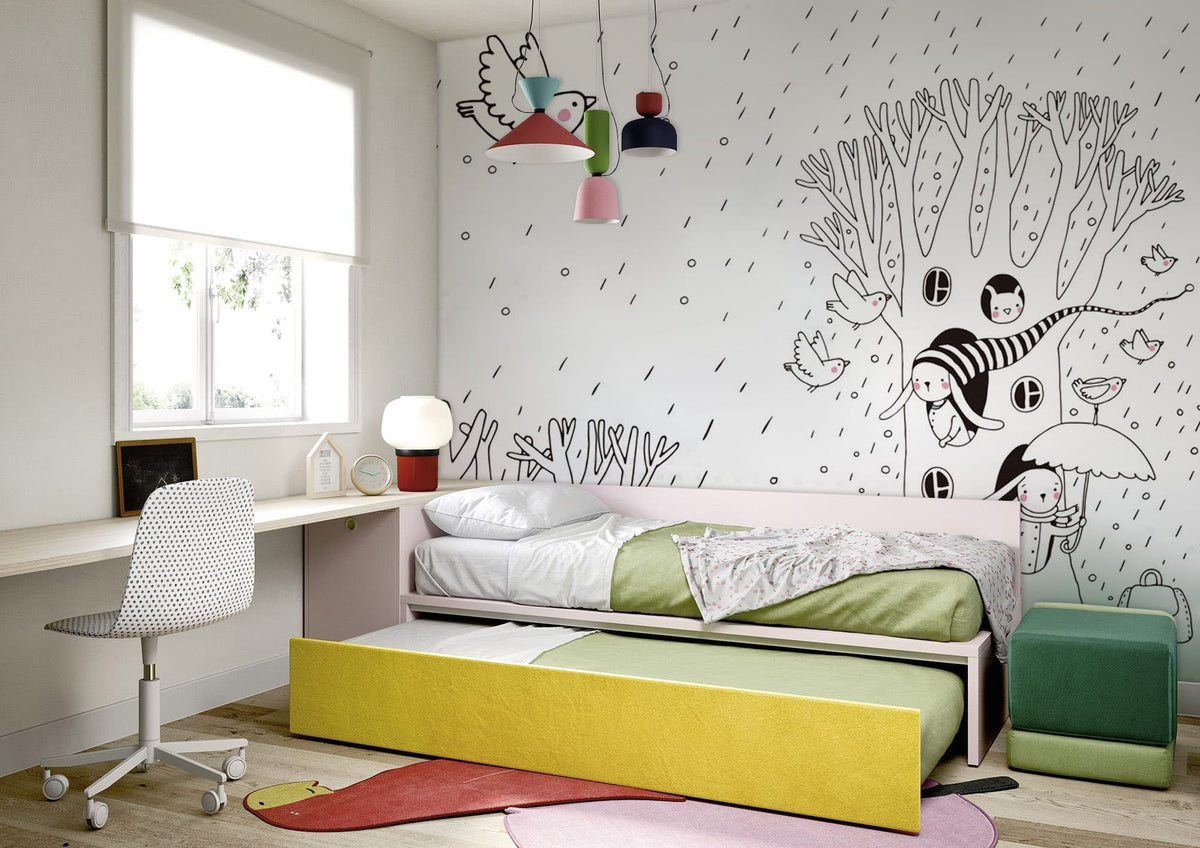 Monochrome whimsical winter forest mural with birds in kids' room, featuring modern furniture and wooden flooring.