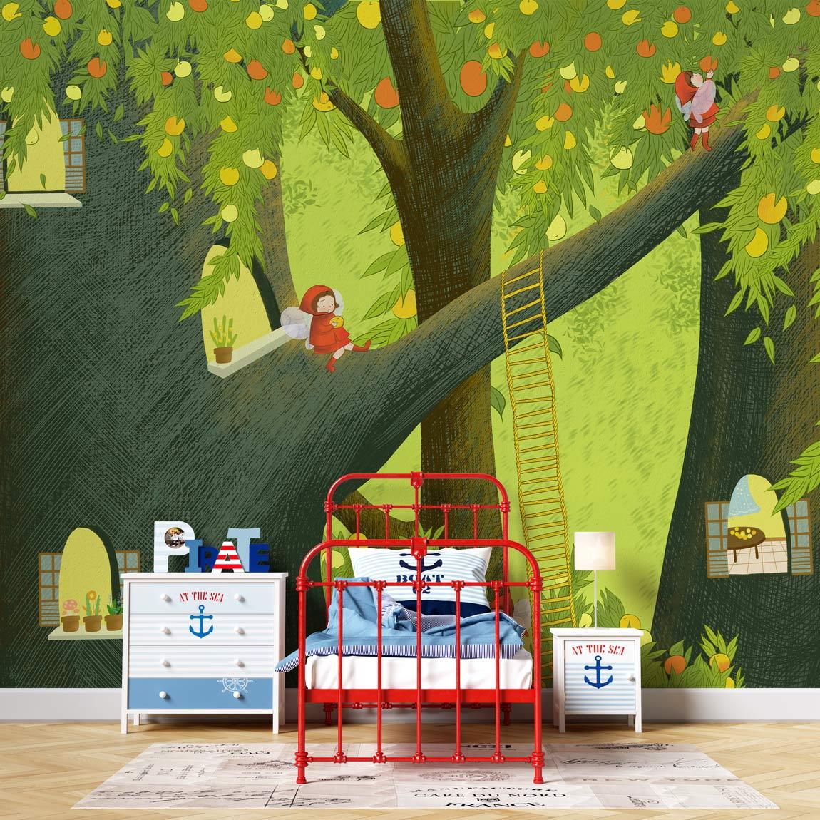 Enchanted Forest Adventure Mural in children's bedroom with nautical-themed furniture, red bed, wooden flooring.