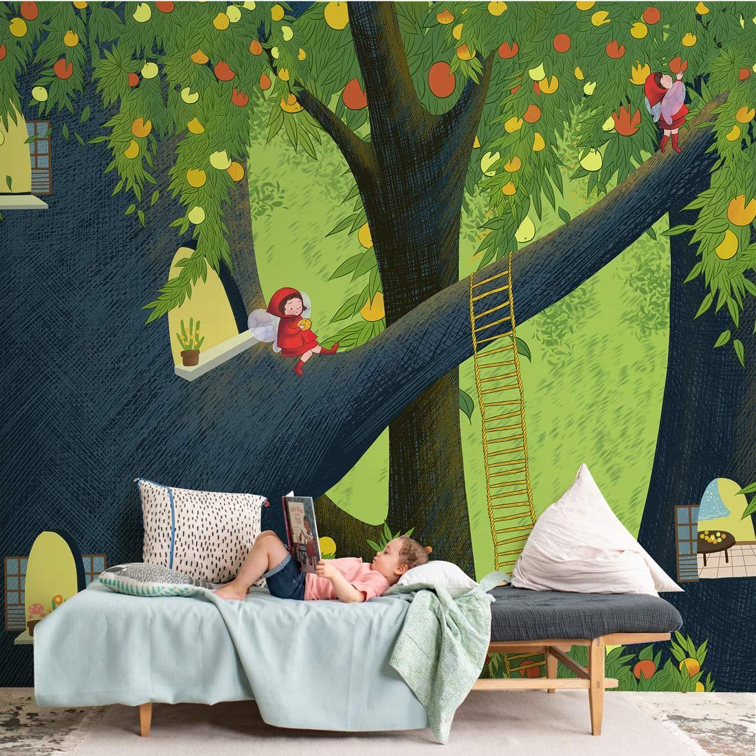 Enchanted Forest Adventure Mural with child, modern grey sofa, cosy throw, in playful kids' room.