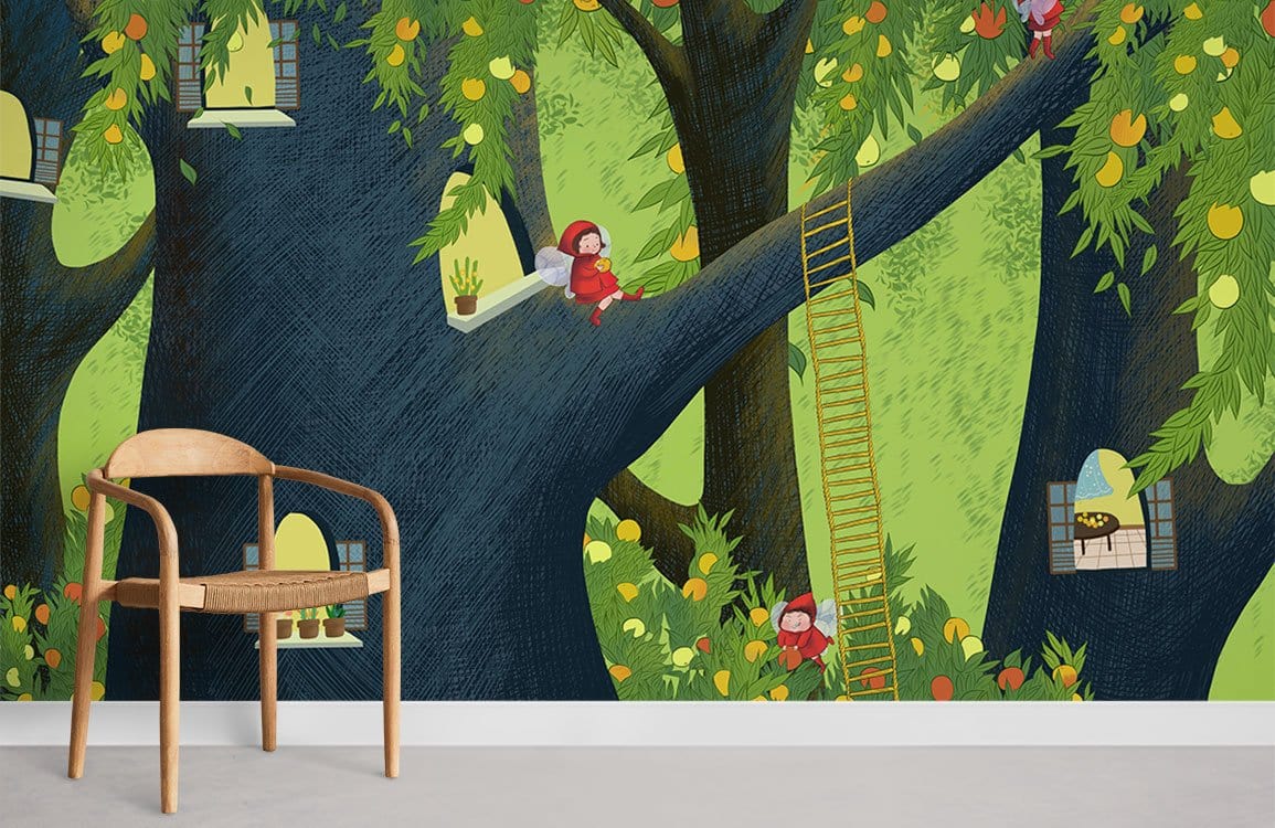Wall with Enchanted Forest Adventure Mural Wallpaper, playful kids' greenery design, wooden chair.
