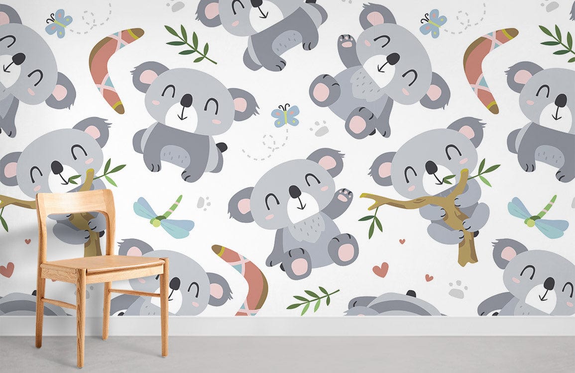 Grey koala bear wallpaper for kids' rooms with playful patterns; wooden chair; minimal decor style.