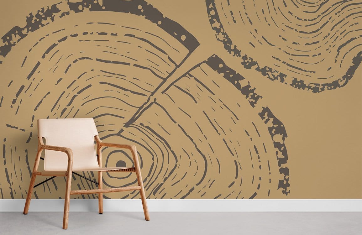 Alt text: Earthy brown timber wallpaper with woodgrain pattern, beige armchair, grey flooring in modern room.
