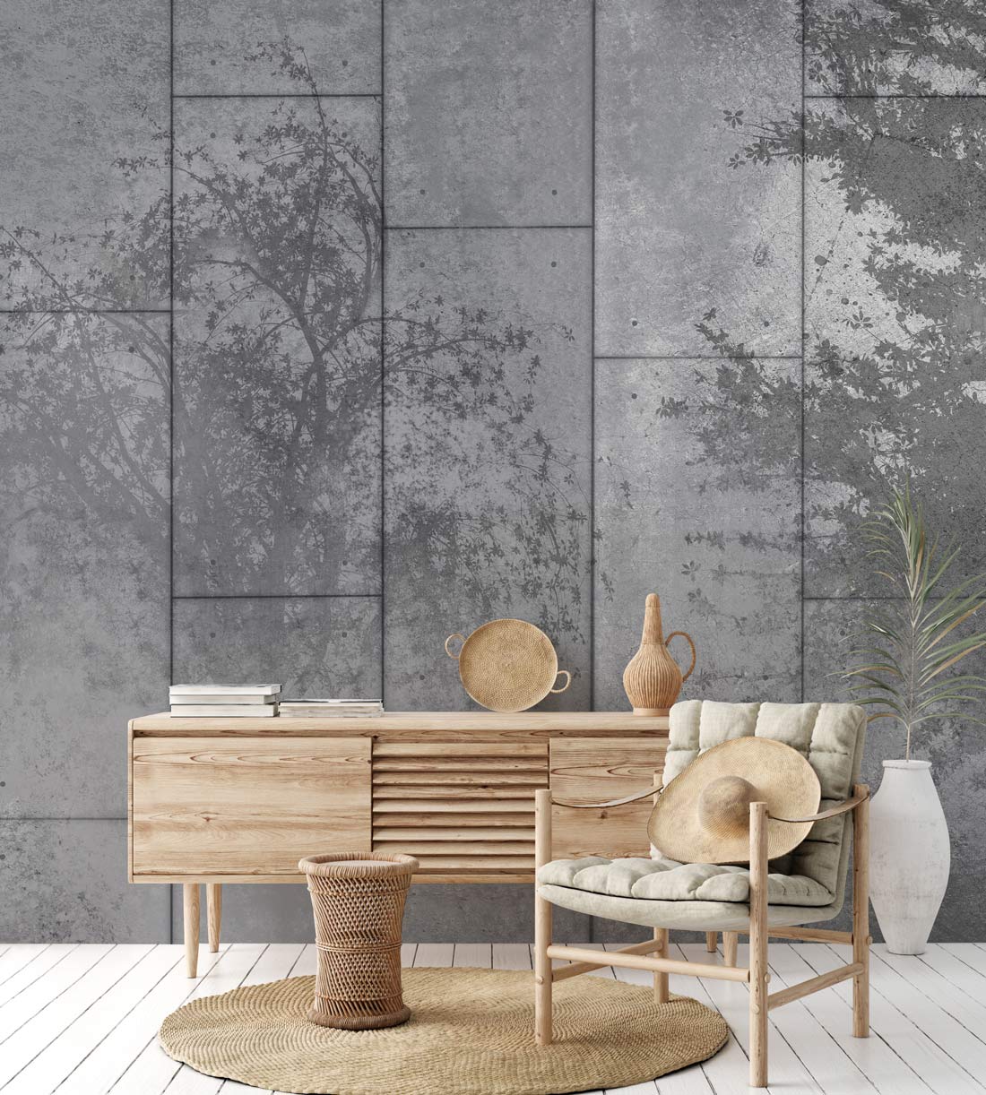 Modern grey concrete mural wallpaper, rustic chair, wooden sideboard, white flooring in urban living room.