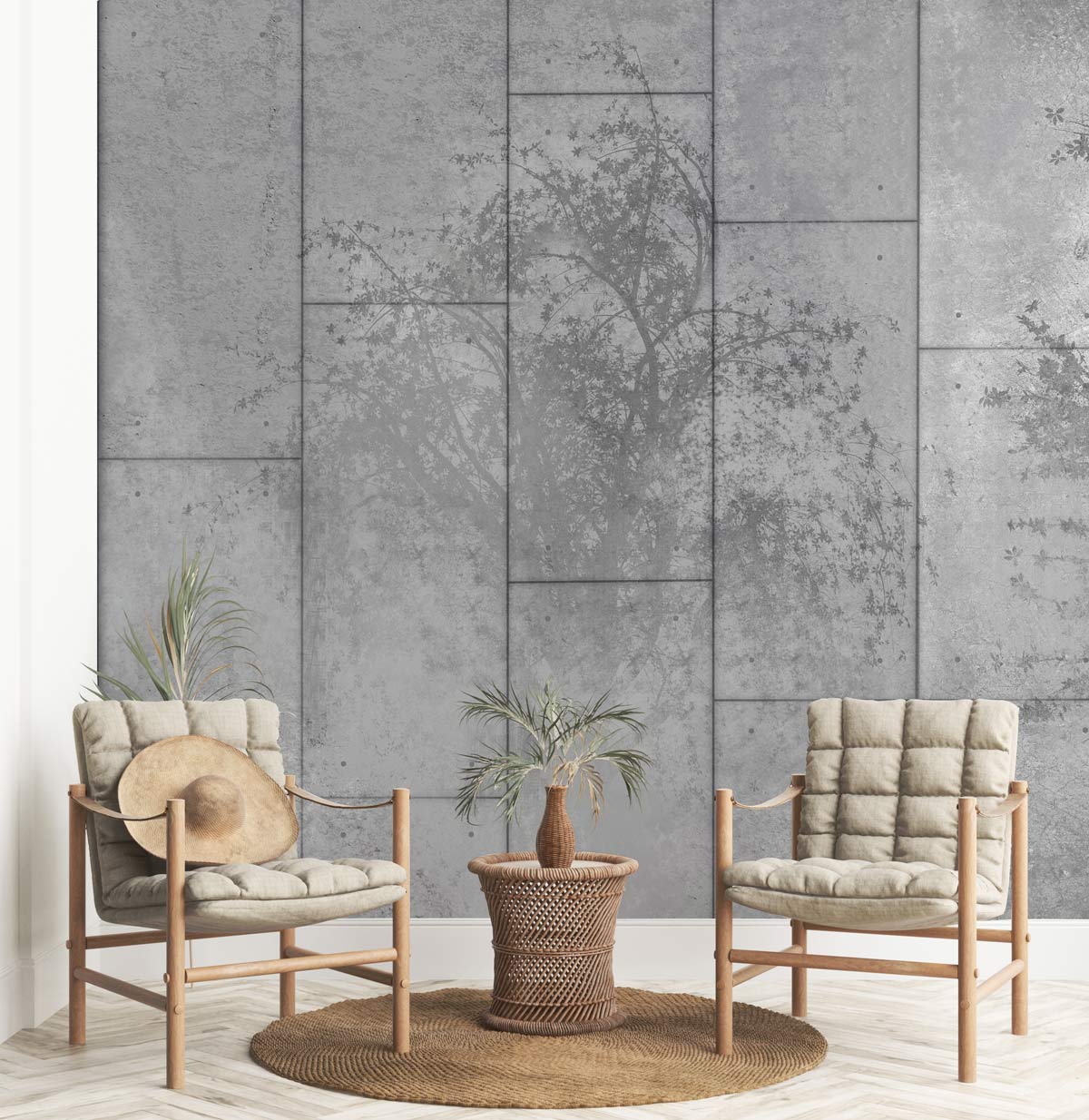 Modern industrial grey concrete forest mural wallpaper in urban interior with beige chairs and wood flooring.