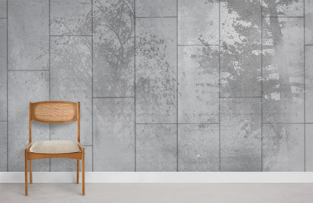 Modern industrial grey concrete forest mural wallpaper in urban interior with wooden chair, grey flooring.