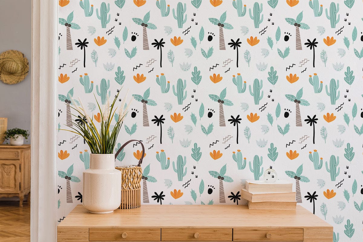 Whimsical tropical wallpaper featuring cacti, palm trees; lightwood dresser; oak parquet flooring in living room.