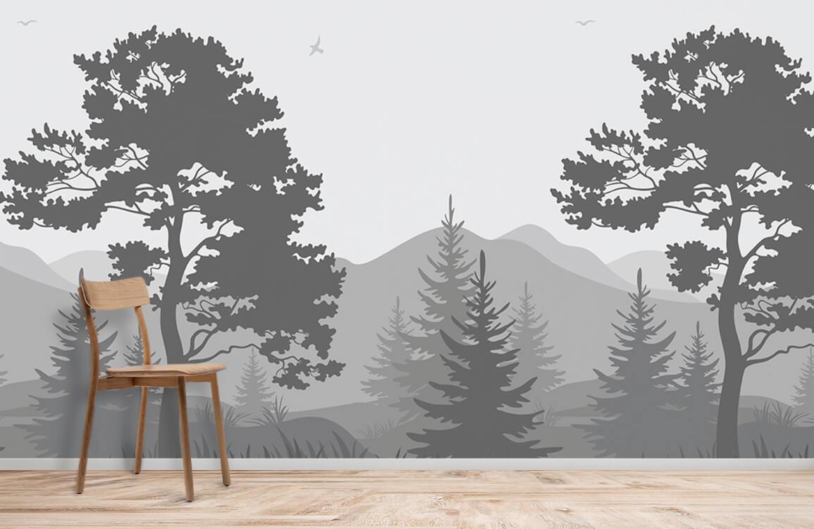 Tranquil grey forest landscape mural wallpaper, contemporary interior, wooden chair, light wooden flooring.