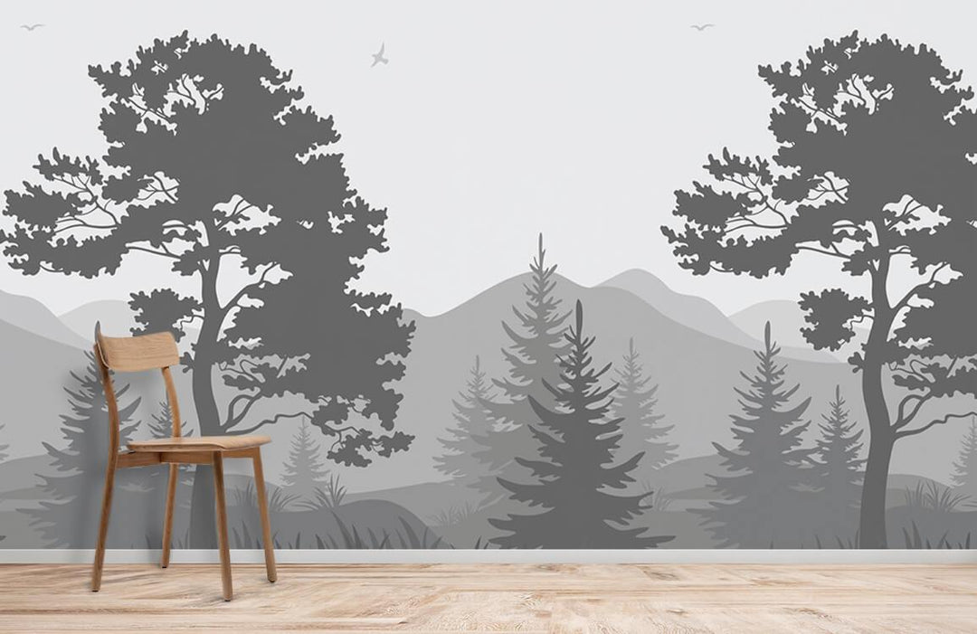 Tranquil grey forest landscape mural wallpaper, contemporary interior, wooden chair, light wooden flooring.