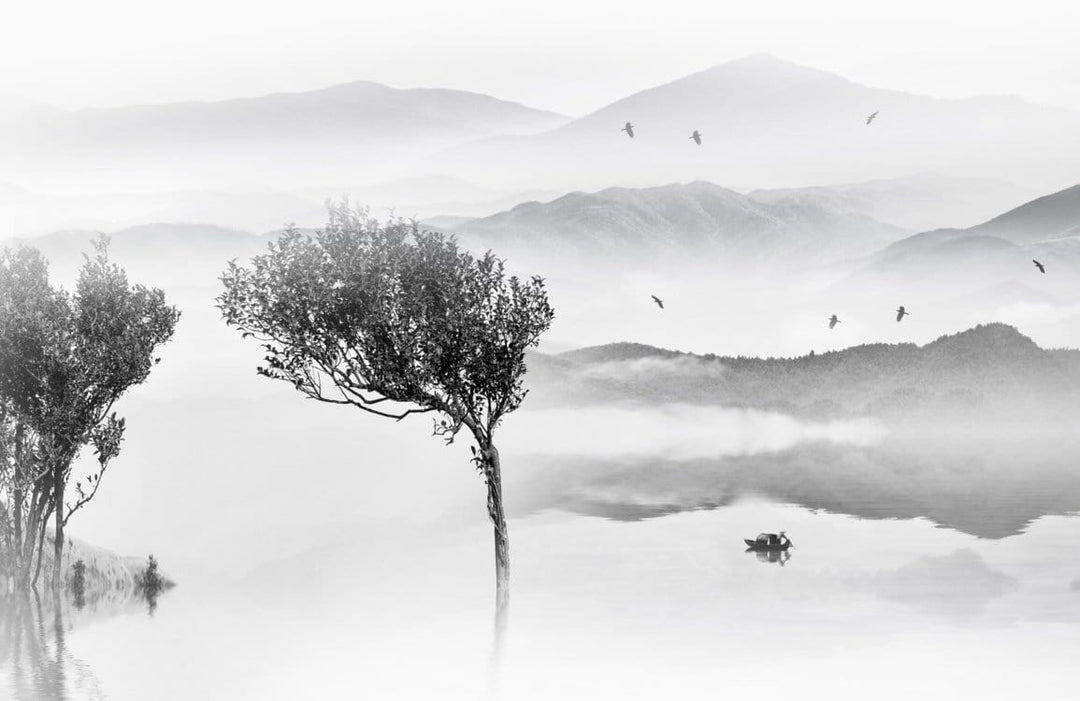Serene Grey Mountain Mist Mural Wallpaper - Tranquil Landscape Scene Decor